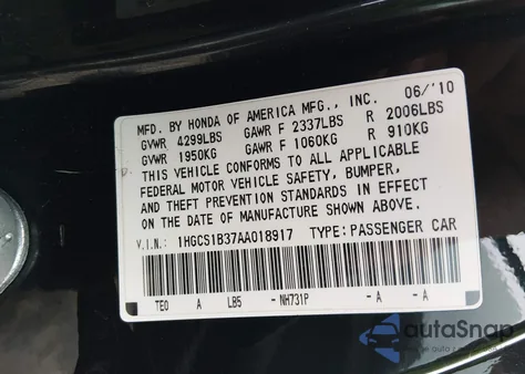 2010 Honda Accord 2.4 Lx-S from USA, damaged, VIN 1HGCS1B37AA018917